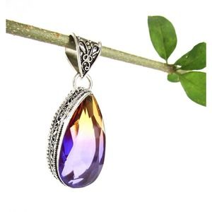 Large Bi-Color Simulated Tourmaline Teardrop Pendant Silver 925 Purple Orange